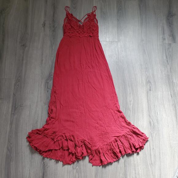 Free People FP One Maxi Adella Dress Womens Small Red Lace Boho Ruffle Hem - Picture 1 of 10